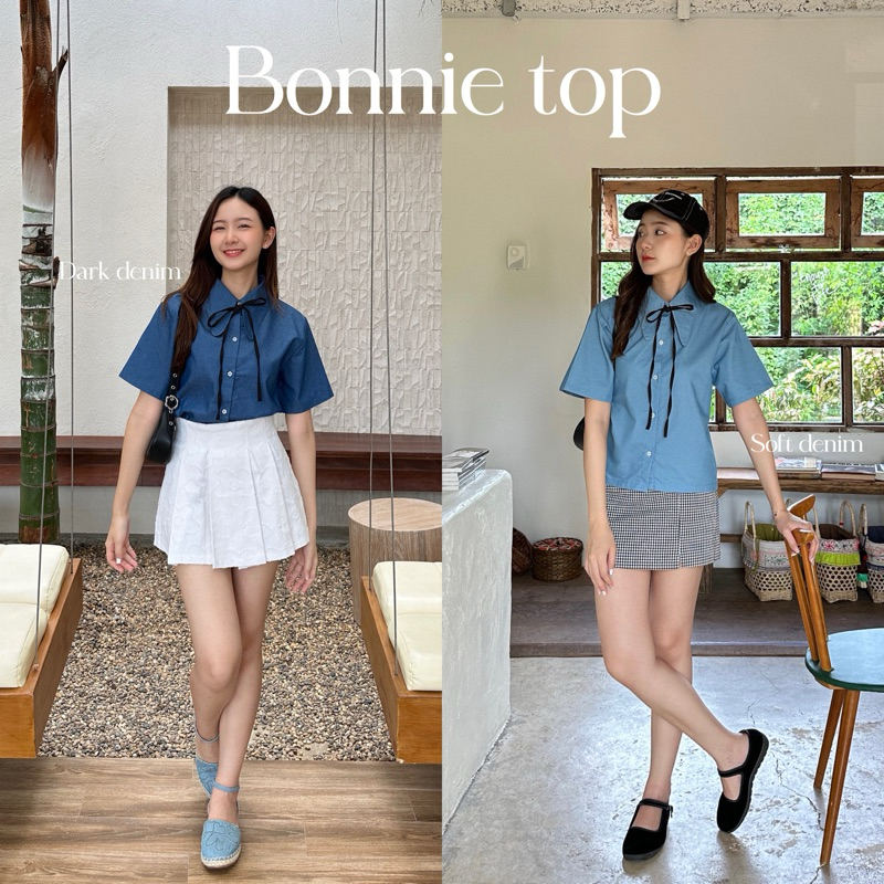 AGLEAMIN3011 | Bonnie top 02 เสื้อเชิ้ตแขนสั้นคอปก แถมฟรีเชือกผูกโบ