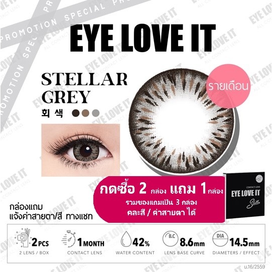 EYELOVEIT STELLAR GREY เลนส์สีเทา รายเดือน (โปร ซื้อ 2 กล่อง แถม 1 กล่องคละสีได้)
