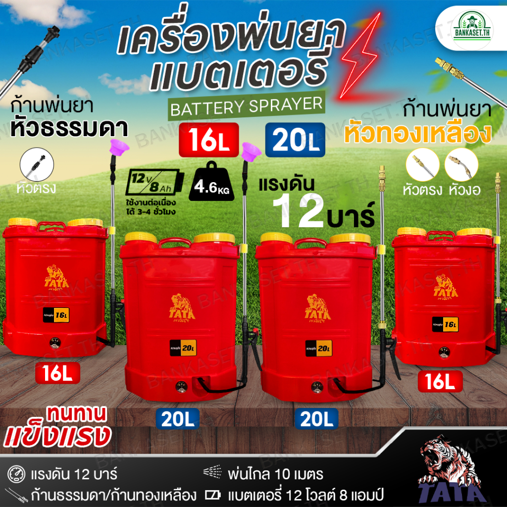 TATA เครื่องพ่นยา แบตเตอรี่ 16-20 ลิตร แรงดันจริง 12 บาร์ พ่นไกล 10 เมตร รุ่นใหม่ ก้านธรรมดา ทองเหลือง แถมฟรีอุปกรณ์ครบ