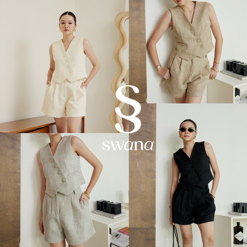 “ Viona tweet set “ XS-XL ✨🍐 เสื้อกั้กแขนกุด+กางเกงขาสั้น - Swanashop