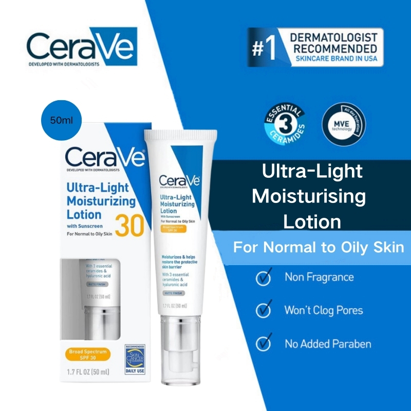 เซราวี CeraVe Ultra-Light Moisturising Lotion Sunscreen SPF30 50ml โลชั่น กันแดด สำหรับผิวบอบบางแพ้ง่าย ดูดซึมได้รวดเร็ว