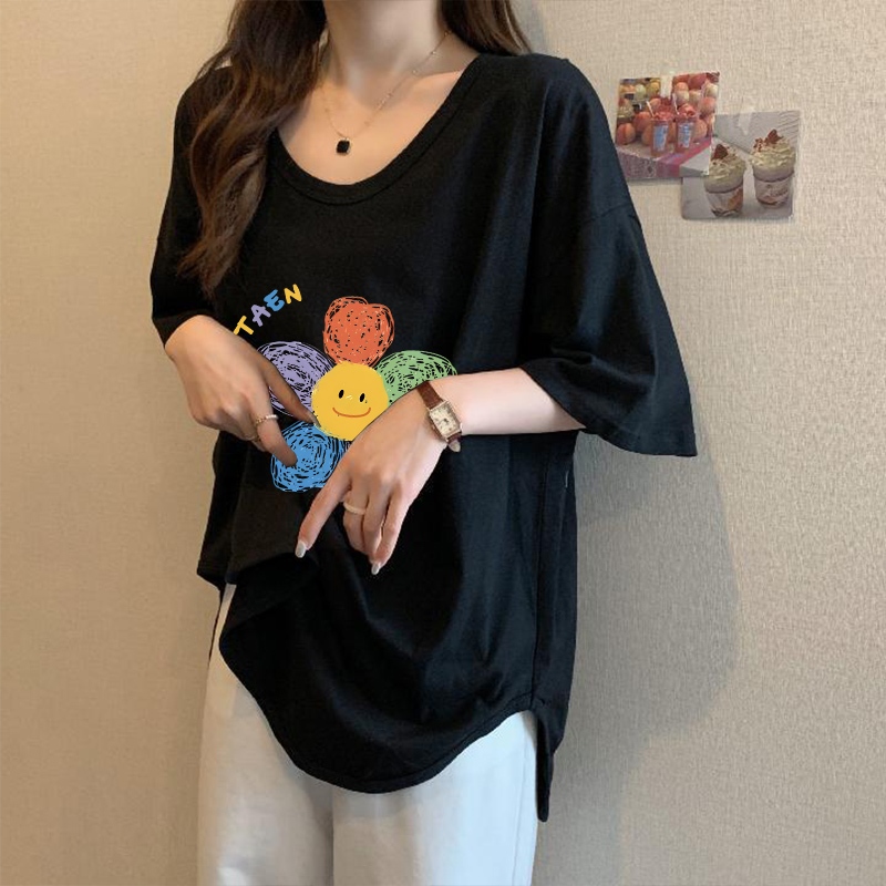 เสื้อยืดคนอ้วนไซส์ใหญ่ผู้หญิงฤดูร้อน oversize เสื้อผ้าสาวอวบแฟชั่นมาใหม่ เสื้อโอเวอร์ไซส์กําลังฮิต พิมพ์ลายดอกไม้เกาหลี