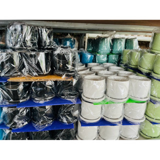 กระถางเซรามิค พร้อมจานรอง กว้าง 7 cm สูง 7 cm เคลือบ มีหลายส…