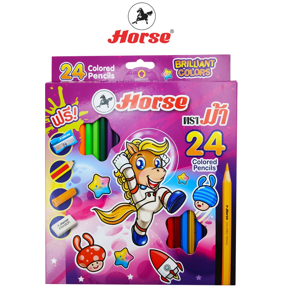 HORSE ตราม้า ดินสอสีไม้ยาว 24 สี+กบเหลา รุ่นใหม่ BRILLIANT COLORS จำนวน 1 กล่อง