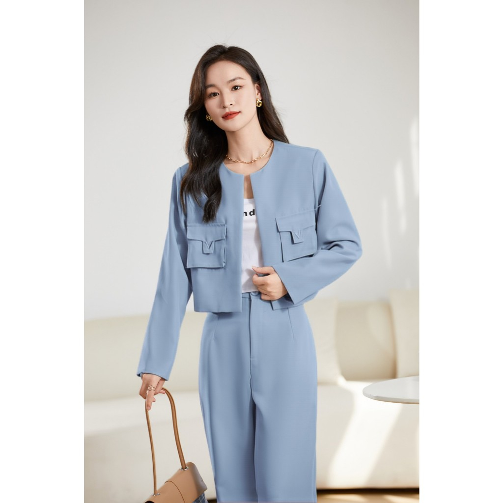 SUIT-19 ขายยกเซ็ต เสื้อ+กางเกง เซ็ตสูท เสื้อครอป สีพื้นไม่มีกระดุม สูทแฟชั่นผู้หญิง ผ้านิ่ม ใส่สบายมาก