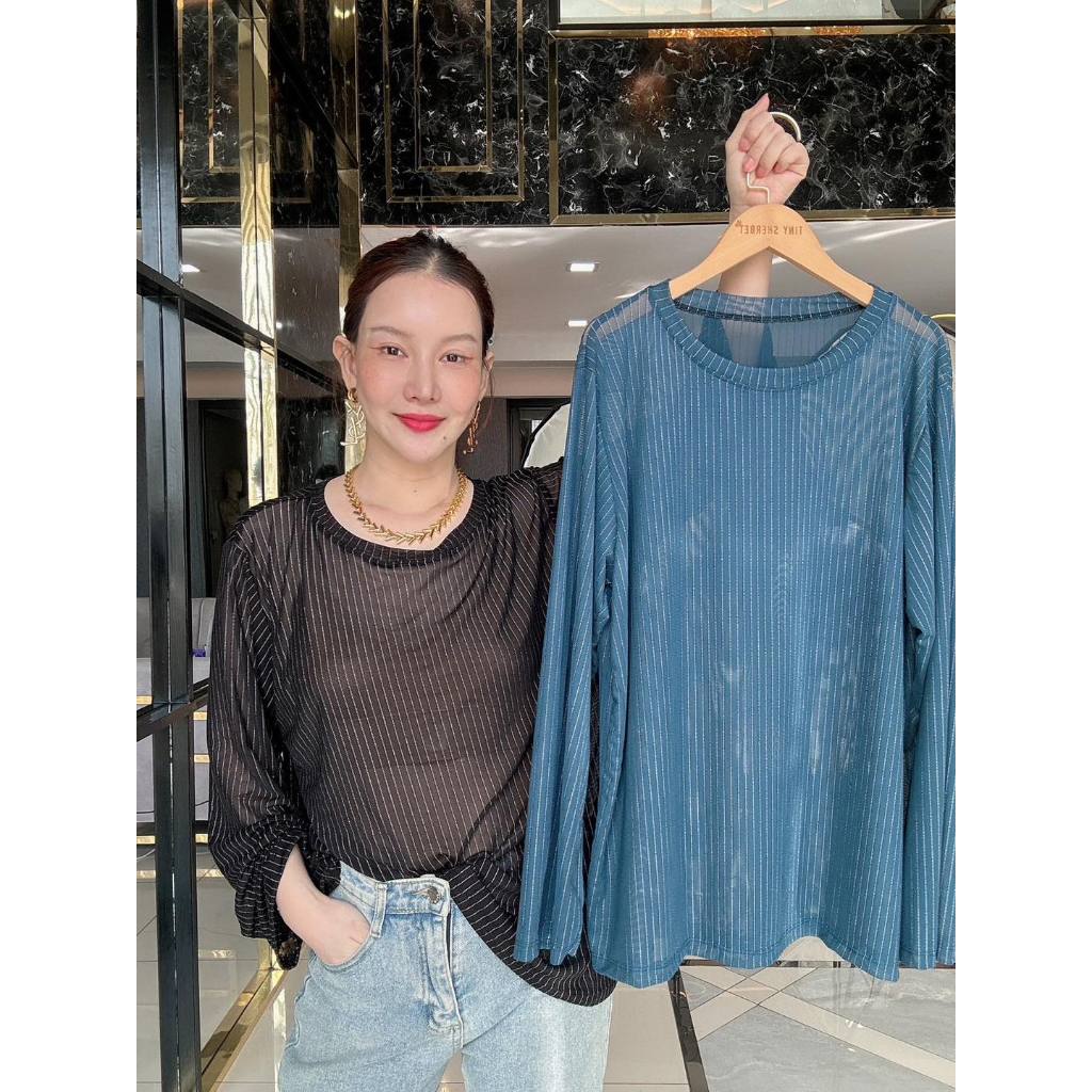 เสื้อคอกลมซีทรู 💙แขนยาว ปักหมุด อกใหญ่46+ ใส่แล้วไม่คันผิว ผ้านิ่ม ยืดได้เยอะมาก Tinysherbet - E54