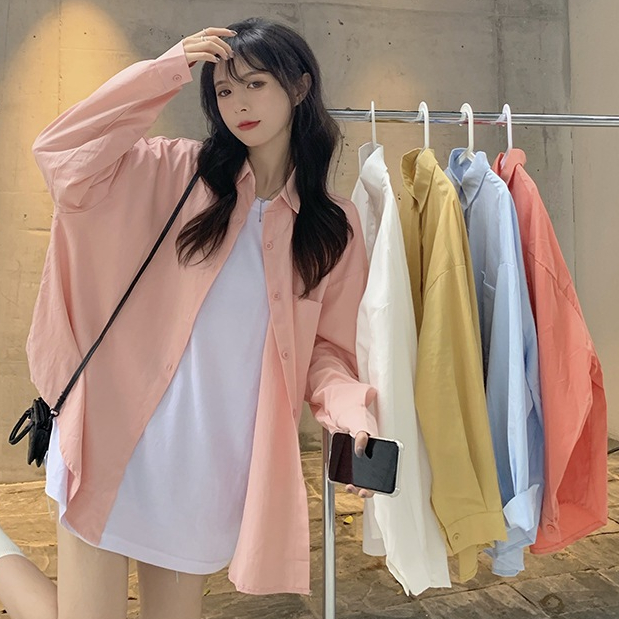 เสื้อแขนยาว สีพื้น คอปก สไตล์เกาหลี ผ้าไหมอิตาลีอย่างดี เนื้อผ้าใส่สบาย ผ้าแบบไม่ต้องรีด