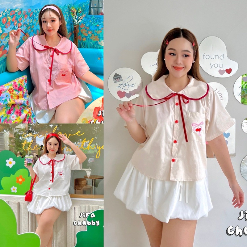 เข้าเพิ่ม พร้อมส่งค่า /JR/เสื้อสาวอวบ คอบัว v.2 ตัดขอบแดง กระเป๋าปักเชอรี่ โบว์ผูก #เสื้อผ้าไซส์ใหญ่ สาว อ้วน พลัสไซส์