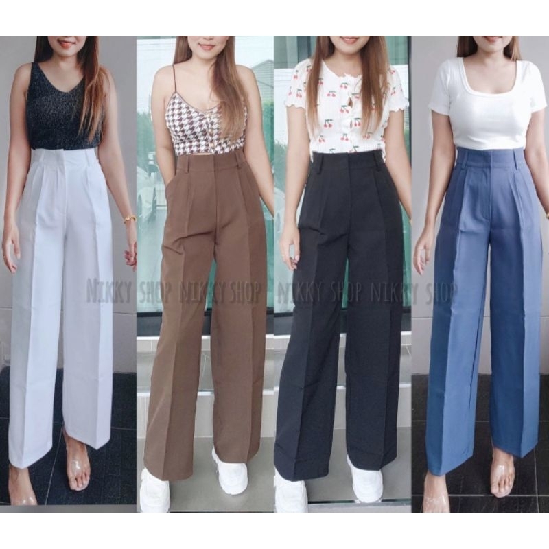กางเกงขากระบอกกลางเอวสูงใส่ไปเที่ยวใส่ทำงานได้พรางหุ่นเก็บพุงซิปหน้าตะขอหน้า#95