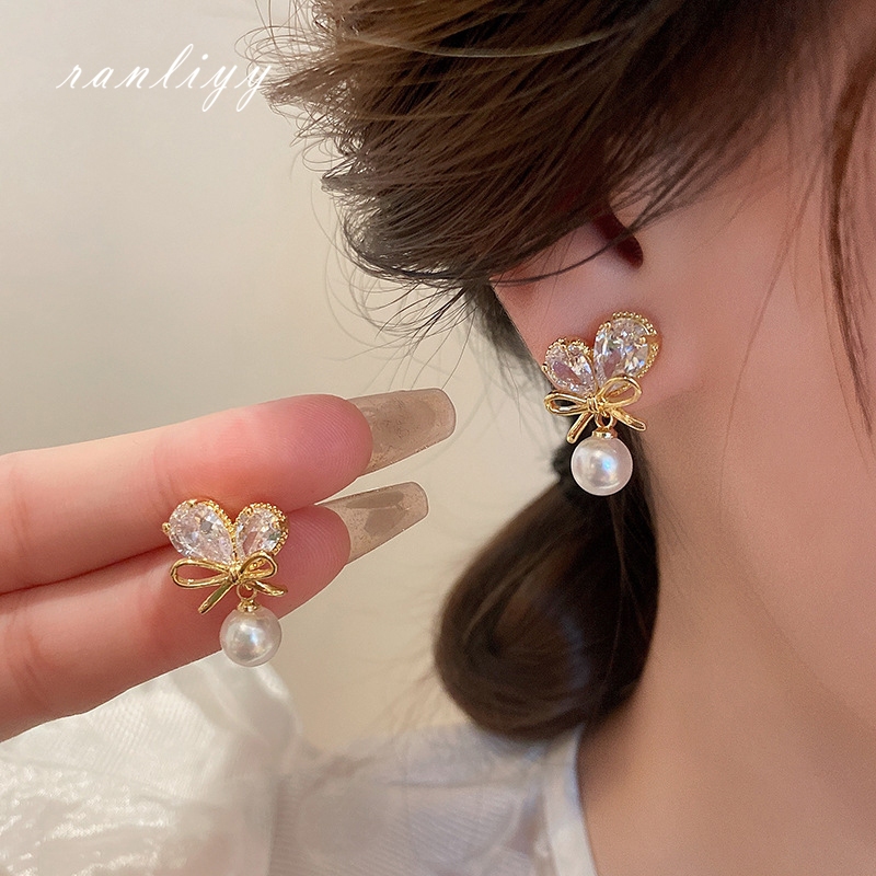 ส่งเร็ว ต่างหูมุกโบว์เพทายหัวใจหวานแฟชั่นสไตล์ฝรั่งเศสหรูหราระดับไฮเอนด์เครื่องประดับผู้หญิง-Ranliyy