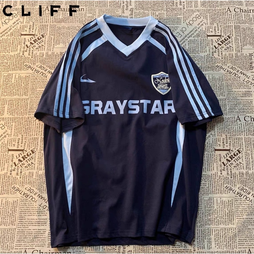CLIFF -COD✅เสื้อยืดผู้ชาย คอวีแขนสั้น รุ่น raglan ลายทาง พิมพ์ลายแฟชั่น ยอดนิยม แมทช์ลุคง่าย แบบหลวม รูปที่ 4