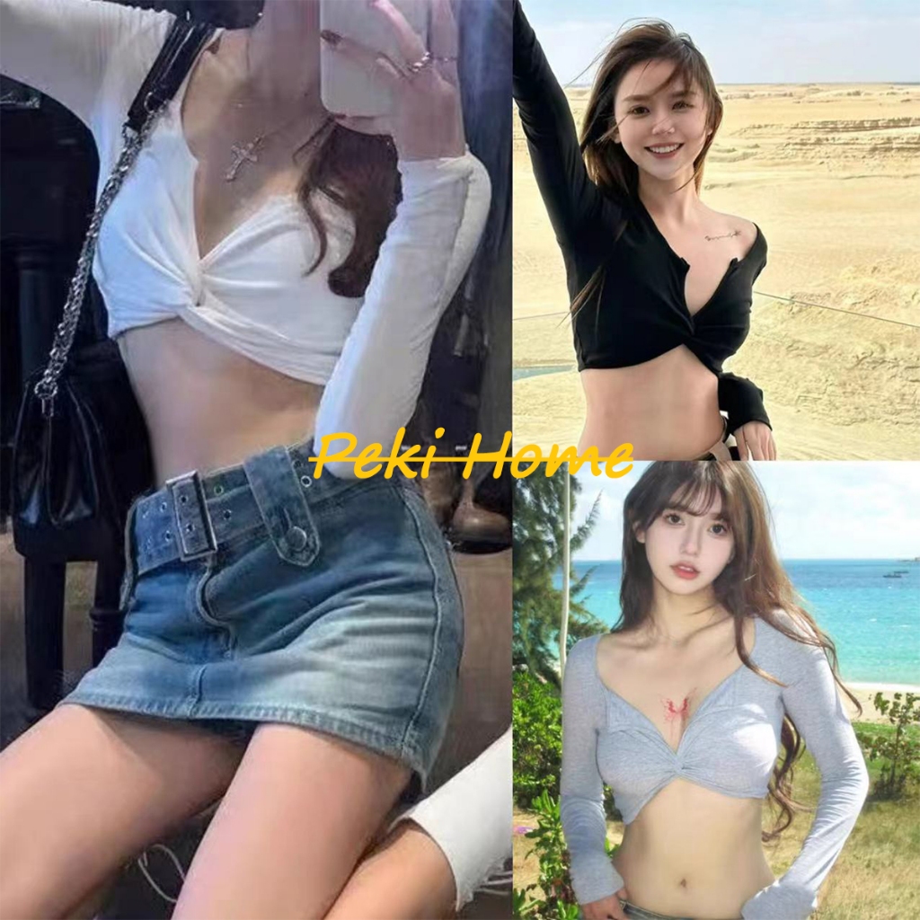 เสื้อยืดคอวีแขนยาว ดีไซน์สุดชิค สไตล์เก๋