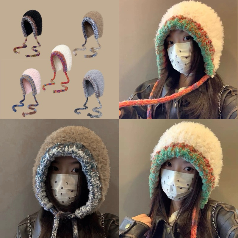 (YP) หมวกไหมพรมขนกันหนาว มีหางผูกคอได้ (ทูโทน)