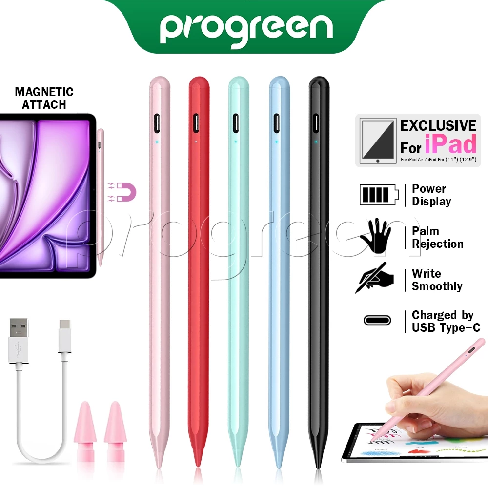 ProGreen ปากกาไอแพด วางมือได้ Pencil stylus สำหรับ gen10 gen9 gen8 gen7 gen6 Air3 Air4 Air5 Air6 Pro11 12.9 Pro13
