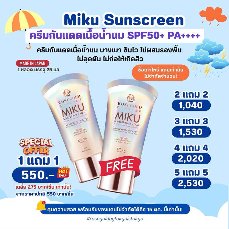 1 แถม 1 ของเเท้ ล็อตใหม่ MIKUกันเเดดเนื้อน้ำนมซึมง่ายไม่เหนอะหนะ