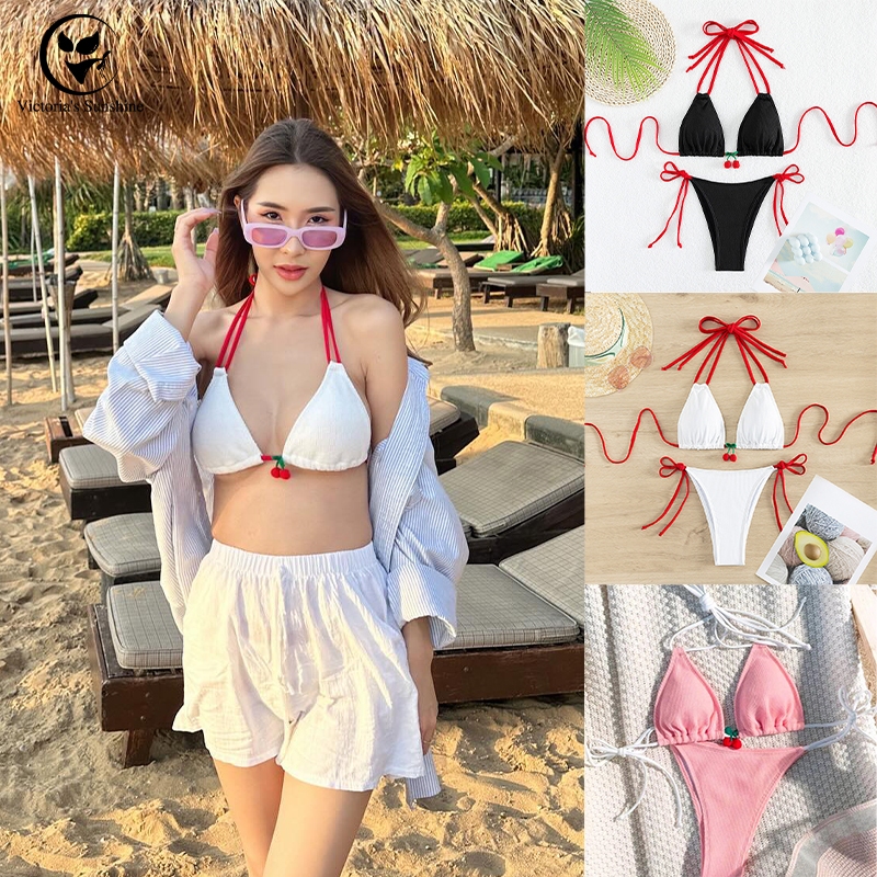 cherry bikini ชุดว่ายน้ําบิกินี่ ทูพีช ชุดว่ายน้ำแฟชั่น สไตล์เซ็กซี่ ผูก ผ้า spandex#0346
