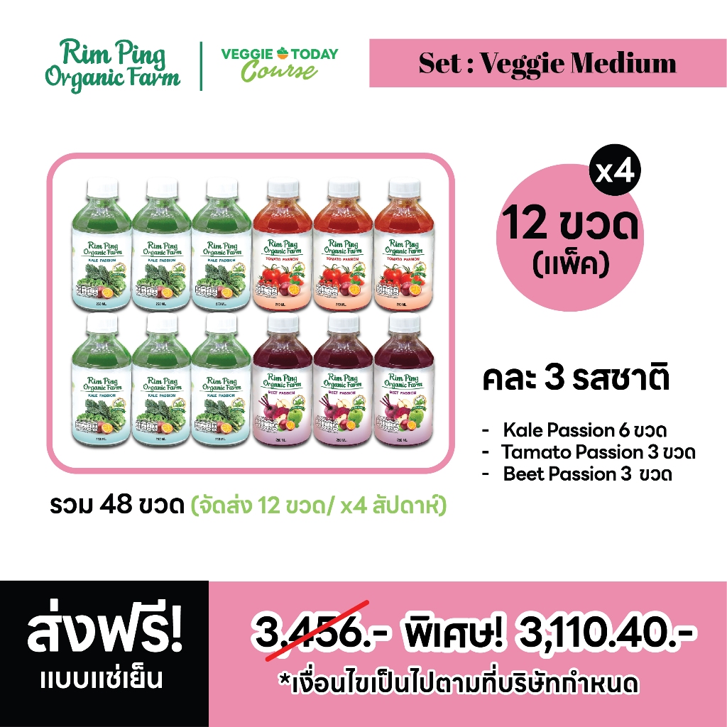 น้ำผักปั่น คอร์สรายเดือน Set Veggie Medium : Kale (x6) + Tomato (x3) + Beet (x3) (ส่งฟรีx4สัปดาห์)