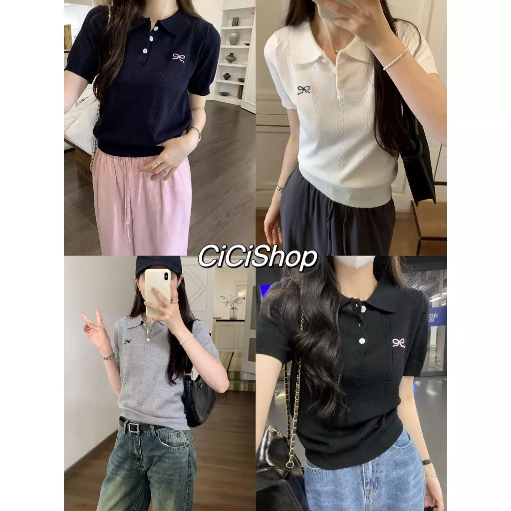 Cicishop(A2156-2)เสื้อไหมพรมแขนสั้น แต่งลายผ้า คอปกกระดุมใช้งานได้จริง ปักโบว์น่ารัก สไตล์เกาหลี