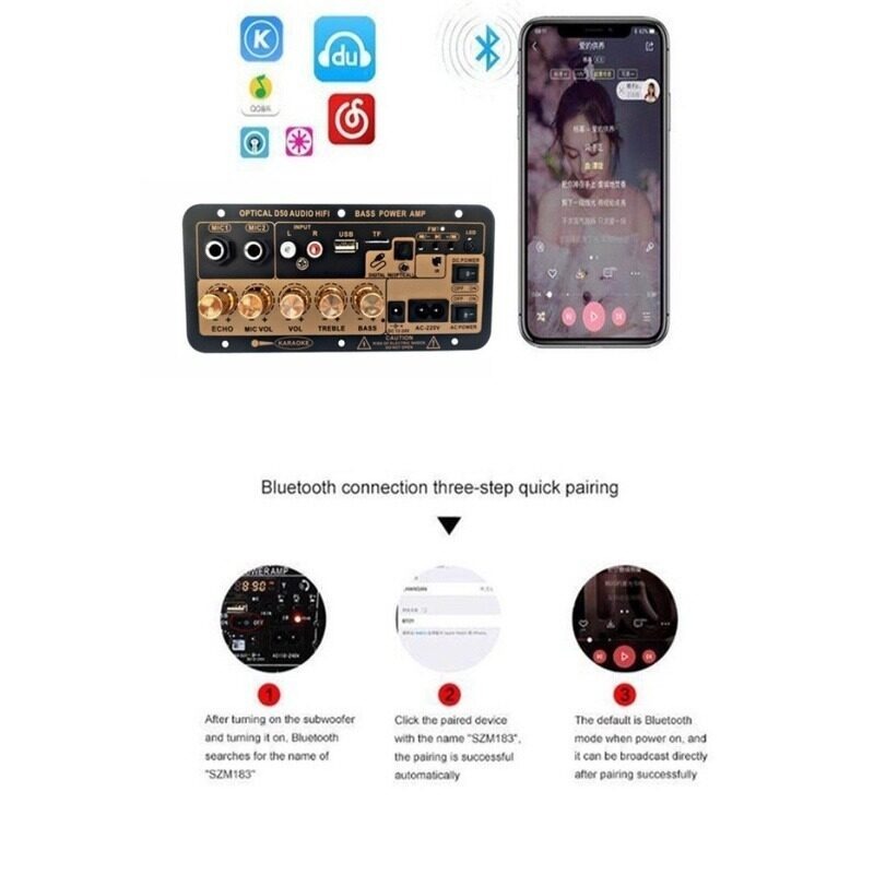 GD100 Bluetooth5.0เครื่องขยายเสียงซับวูฟเฟอร์ Dual ไมโครโฟนเครื่องขยายเสียง8-12นิ้ว 220V 12V24V 900W