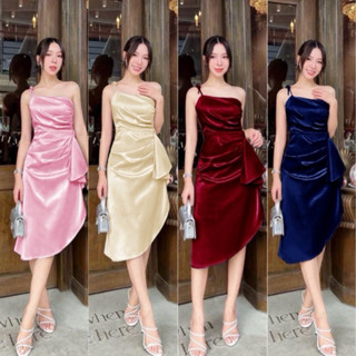 ชุดราตรีเดรสยาว S/M/L สายไหล่เดียวผูกโบว์ไหล่ ชายเฉียงแต่งระ…