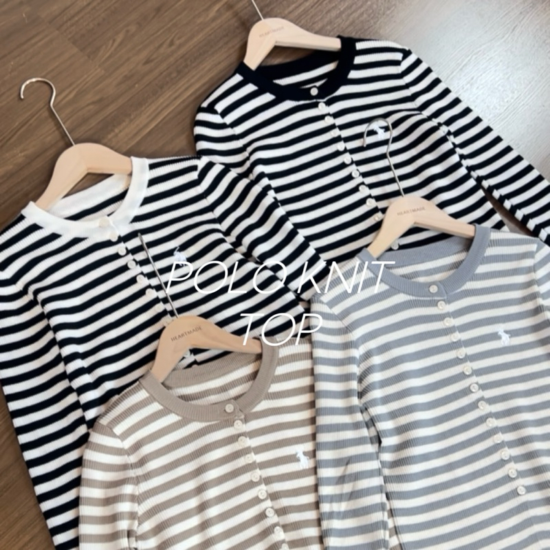 Heartmade - Polo Knit Top (ลด 30% เหลือ 210.-) เสื้อไหมพรมลายทาง กระดุมหน้า ปักโปโล