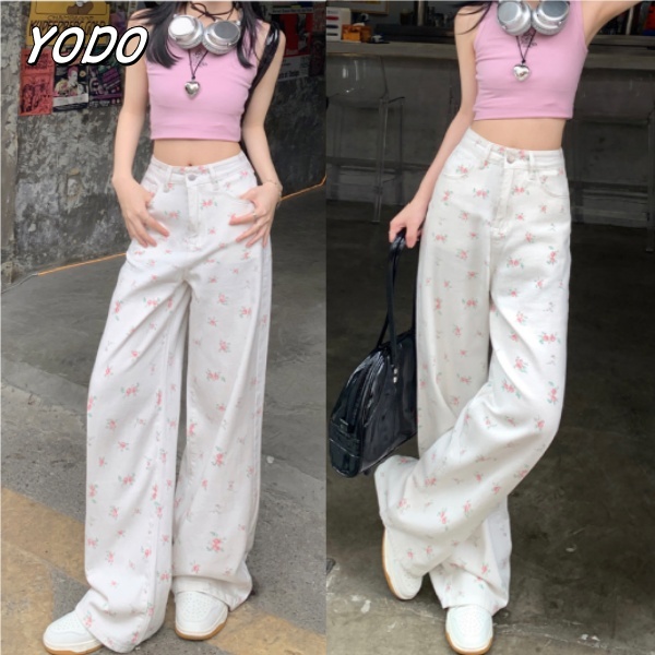 YODO กางเกงยีนส์สตรี เอวสูง ลายดอกไม้ กางเกงขากว้างสีขาวสไตล์เกาหลี S-3XL ราคา ถูกที่สุด ดีลบีเคเค รูปภาพหลัก