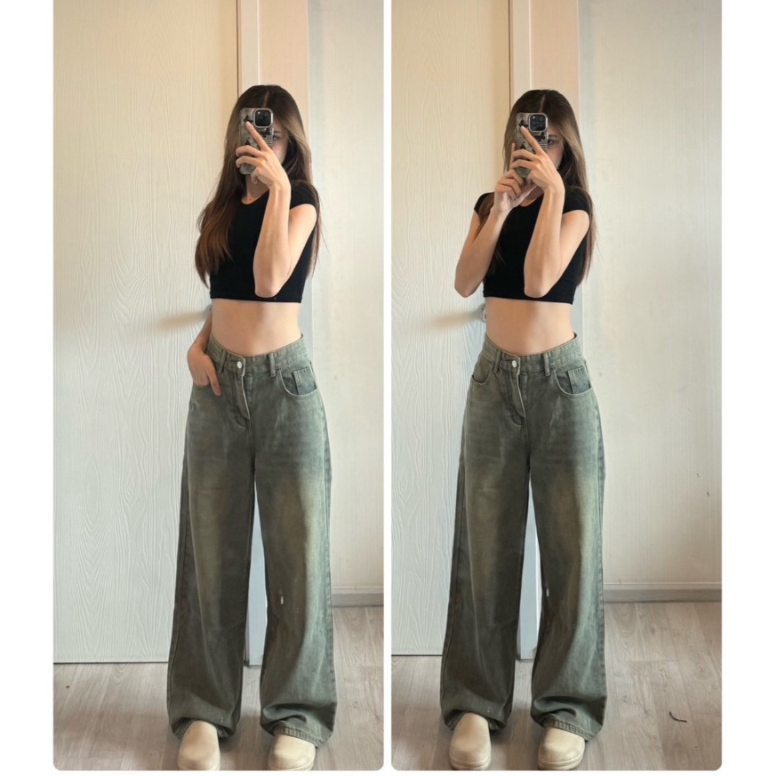 V977 สีสนิมฟอก Baggy Jeans กางเกงยีนส์ กระบอกใหญ่เอวสูง ผ้ายีนส์ ไม่ยืด (101)