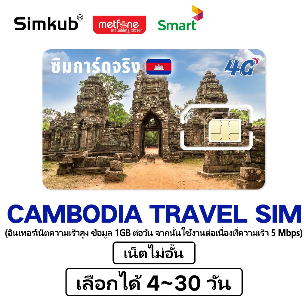 CAMBODIA SIM ซิมกัมพูชา ซิมท่องเที่ยวกัมพูชา 4Gอินเตอร์เนตไม่จำกัด เลือกได้ 4-30วัน เครือข่าย smart、