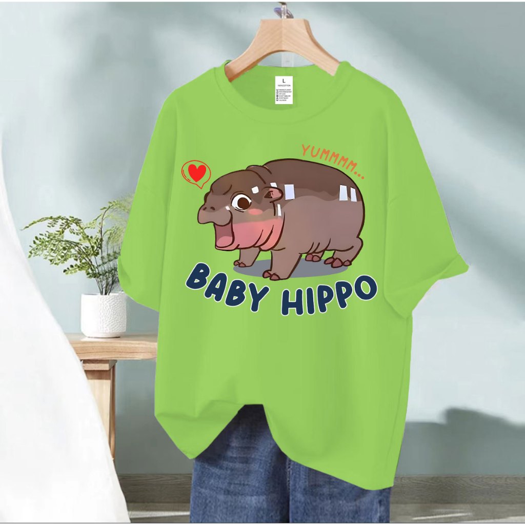 BK-1183-SHORT เสื้อยืดผู้ใหญ่ เสื้อแขนสั้นผ้ายืดลายฮิปโป หมูเด้ง อก32-42  มี 10 สีให้เลือก