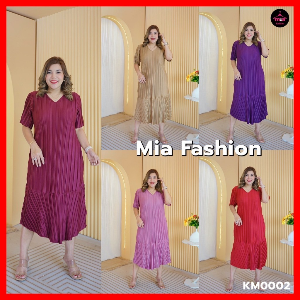 Miafashion (KM0002) เดรสอัดพลีทพรีเมี่ยม คอวีชายระบาย สาวอวบ​ เสื้อผ้า ผู้หญิง Dress Lady