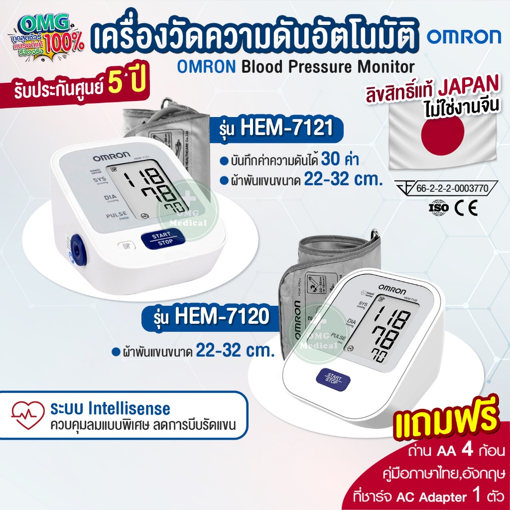 ซื้อ OMRON ลิขสิทธิ์แท้ญี่ปุ่น ไม่ใช่จีน ประกัน 5 ปี เครื่องวัดความดัน ต้นแขน รุ่น HEM-7120 / HEM-7121 แถมฟรี Adapter เสียบไฟ