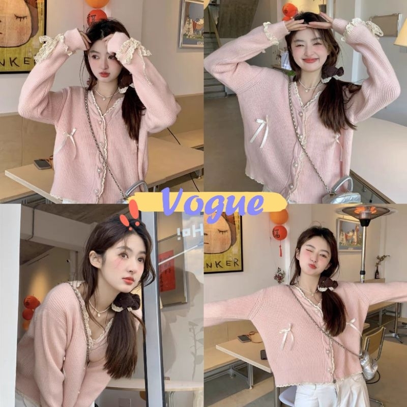 Vogue พร้อมส่ง เสื้อไหมพรมแขนยาว คอวี สีพาสเทลชมพูอ่อนใส่ง่าย (CZ1086)