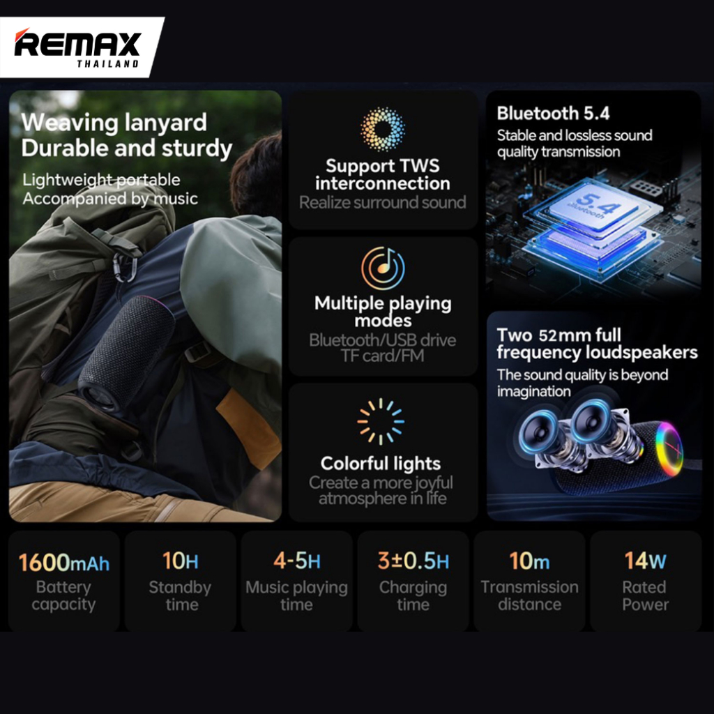Remax SPK RB-M82 - ลำโพงบลูทูธไร้สาย พกพา พร้อมไฟ RGB มีไมค์ เสียง Extra bass
