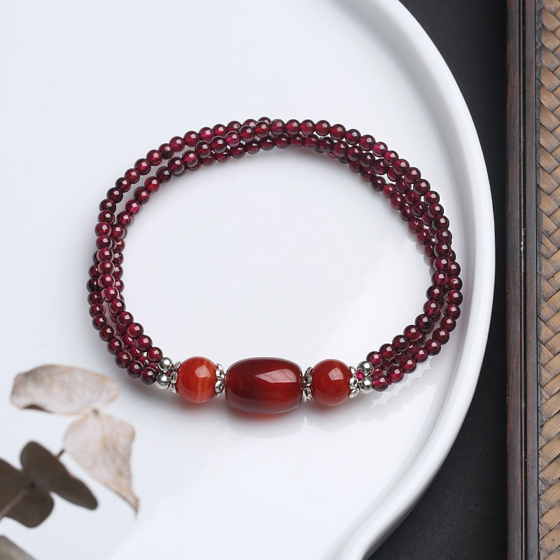 สร้อยข้อมือหินโกเมนธรรมชาติ 3 ห่วงสร้อยข้อมือนำโชคเสริมดวงหินมงคล กำไลหินแท้100% ความมั่งคั่งSS26