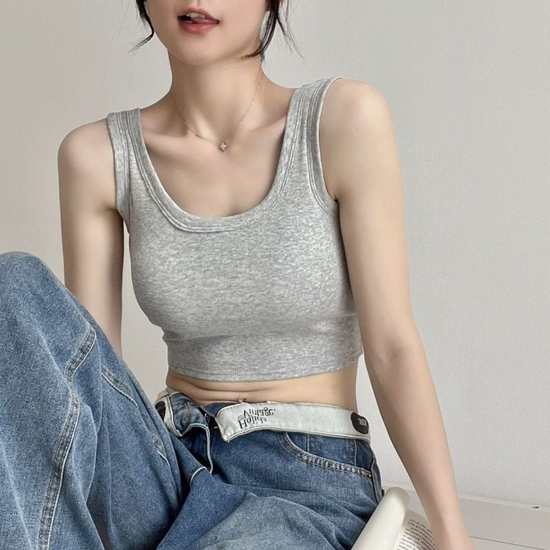 เสื้อกล้าม เสื้อครอป ผ้าฝ้ายคอตตอน 2 ชั้น มีบราในตัว ขนาดฟรีไซส์