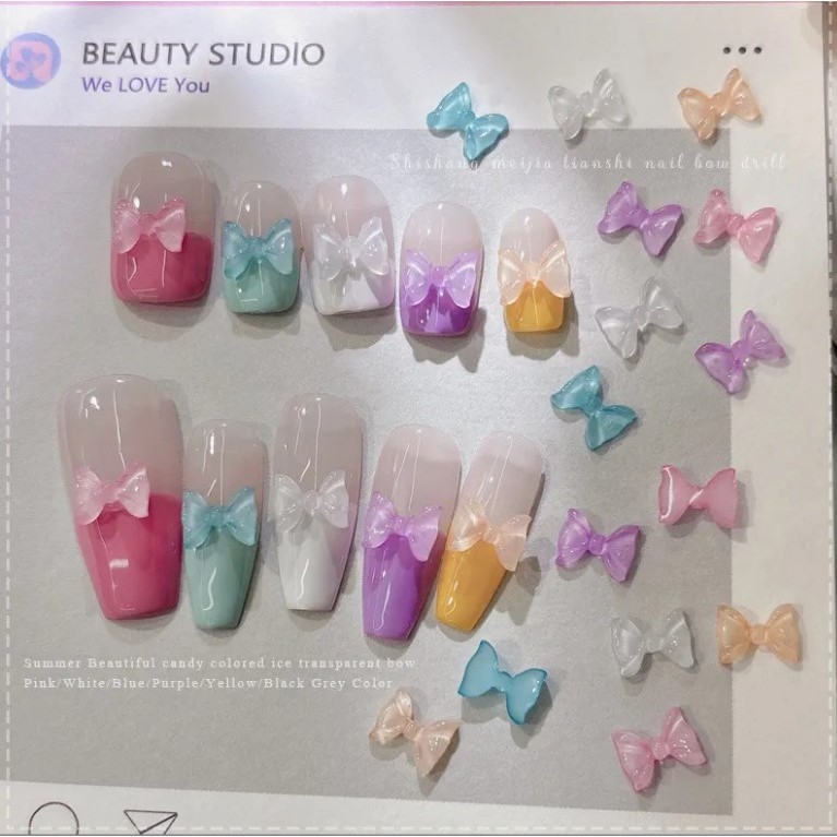 C2.โบว์เรซิ่นติดเล็บ ขนาดกลางค่อนไปทางเล็ก ขนาด 8x6 mm ถุงบรรจุ 30 ขิ้นต่อสี