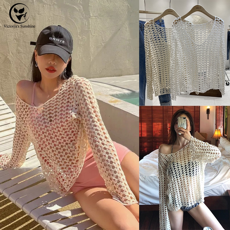 เสื้อลายหัวใจ เสื้อถักตาข่าย ใส่คลุมBikiniใส่คลุมสายเดี่ยวได้ ป้องกันแสงแดด summer ไปที่ชายหาด