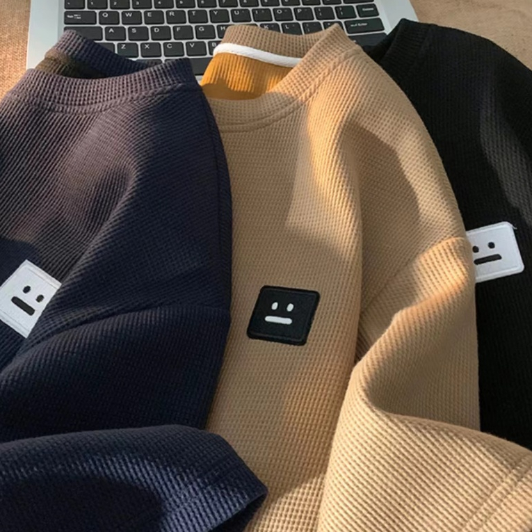 เสื้อยืดโลโก้หน้ายิ้มวาฟเฟิลแขนสั้นผู้ชาย แบรนด์อินเทรนด์เกาหลี อเนกประสงค์ ผู้ชายขนาดบวก - รูปที่ 3