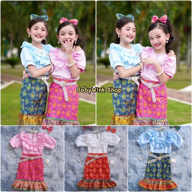 Ndd // ชุดไทยเด็กหนูมาลี มี 2 ชิ้น เสื้อระบายคอแขนตุ๊กตา + กระโปรงผ้าไทยพิมพ์ทองสีสด เนื้อนิ่ม เอวสม