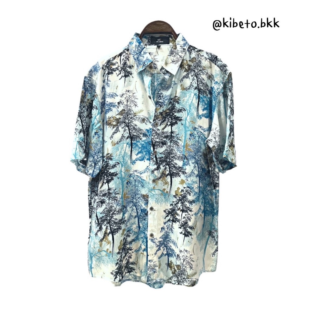 Kibeto เสื้อฮาวาย ลายป่า สีฟ้า ผ้าสปันเรยอน เนื้อนิ่ม ใส่สบาย M L XL 2XL 3XL