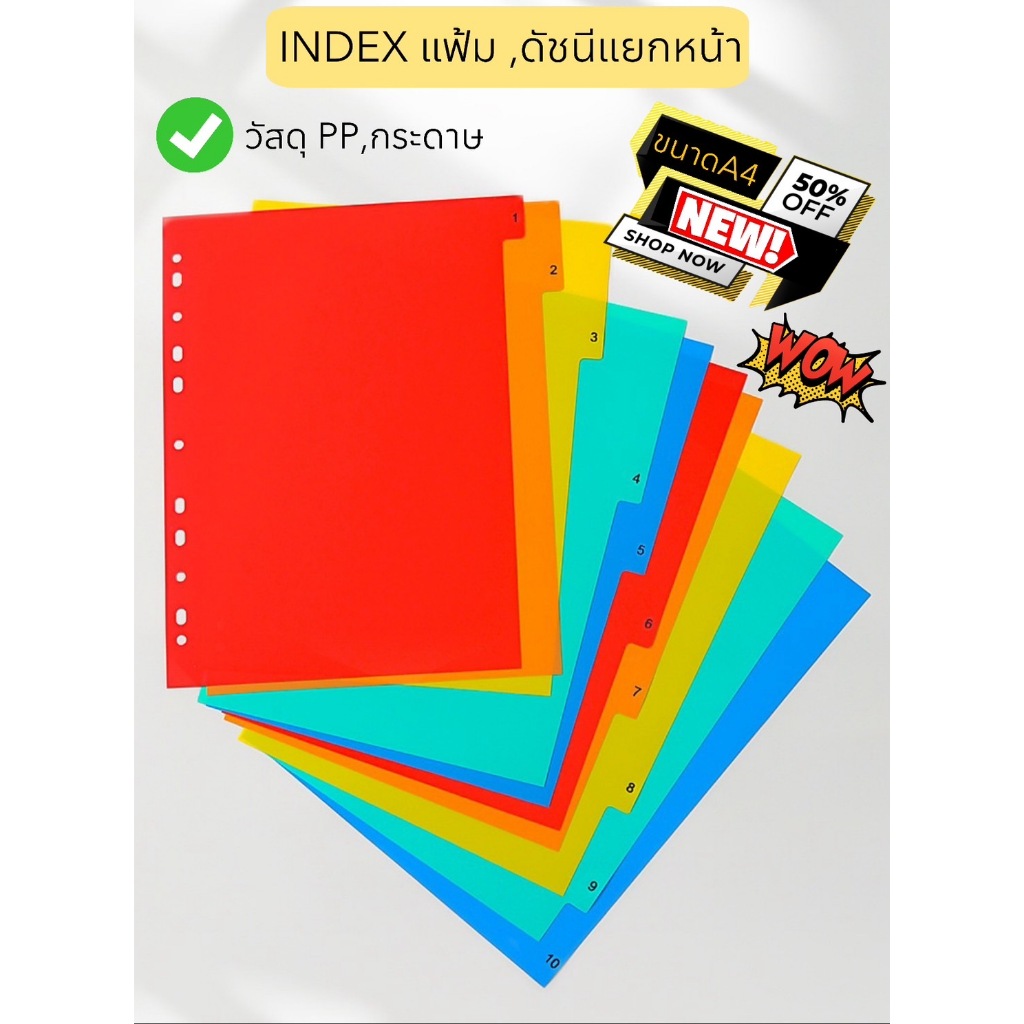 อินเด็กซ์ ดัชนีแยกหน้า ที่คั่นเอกสาร แบบพลาสติกและแบบกระดาษ  Index แบ่งตามหัวข้อ 11 รู A4 มีให้เลือก