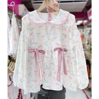 ป้าย Lilly เสื้อผ้าบับเบิ้ลพิมพ์ลายคอบัวแต่งกุ้นสี ระบายข้าง แต่งโบว์ผูกน่ารัก ๆ อก 42 นิ้ว
