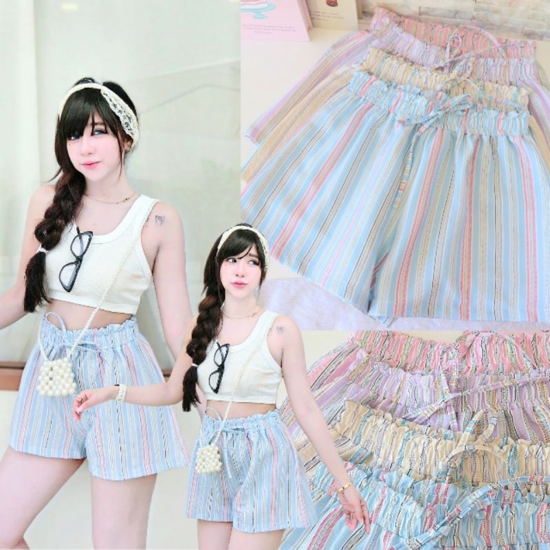 💋𝑩𝒀𝒁𝑨𝒁𝑨🌷กางเกงขาสั้นลายริ้ว เอวยืดสม็อค ใส่สบายๆ 69.-เท่านั้น⚡️⚡️