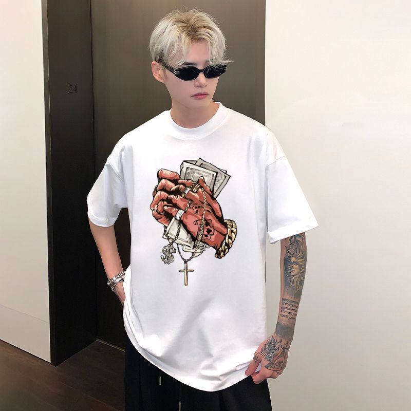 You-T🌈เสื้อยืดโอเวอร์ไซส์ สวมใส่สบาย ไม่จำเป็นต้องรีดผ้า ผ้าฝ้าย 100% เสื้อยืดคอกลม แสตมป์ "นับเงิน"