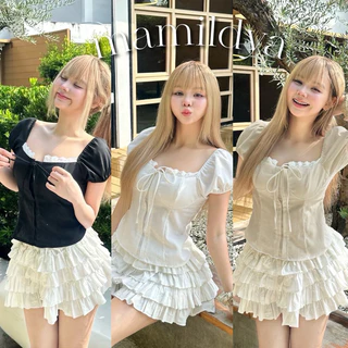 🌟Mamildya.shop🌟 เสื้อแขนตุ๊กตา ผ้าลินินแท้เนื้อดีสุดๆๆ แต่งลูกไม้ช่วงอก/K2-2 /NUSA-เหลี่ยม