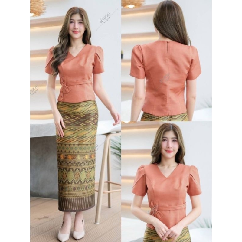 เสื้อไหมลาวแขนกลีบบัวแต่งโบว์สวยๆ