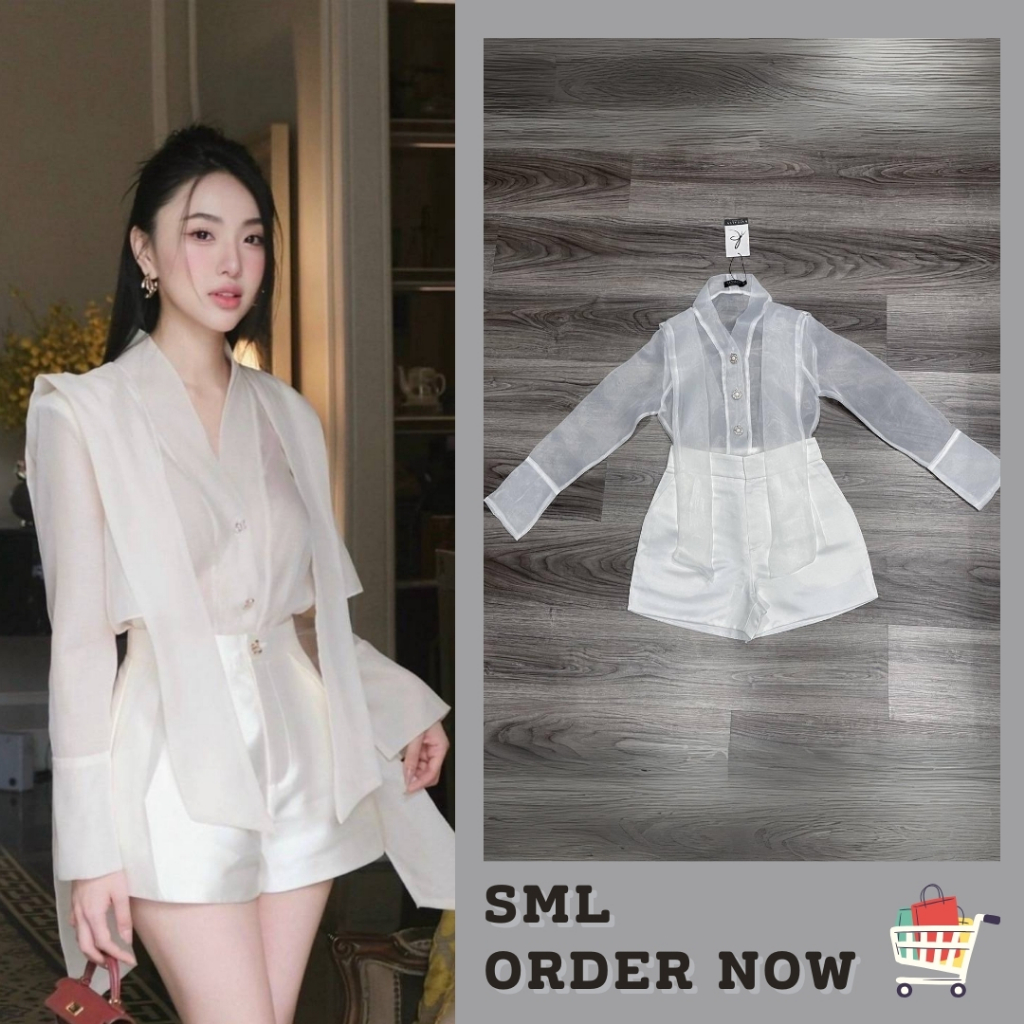 SML ชุดเซ็ทเสื้อเชิ้ตผ้าซีทรู + กางเกงขาสั้นสีขาว งานป้าย Kathalyn ชุดสวยเรียบหรูใส่ทำงานได้ค่ะ