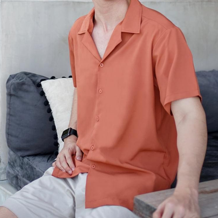 เสื้อเชิ้ตแขนสั้น สีส้ม/สีโอรส ไซส์M-6XL เชิ้ตฮาวายผ้าไหมอิตาลีอย่างดี ชาย/หญิงใส่ได้