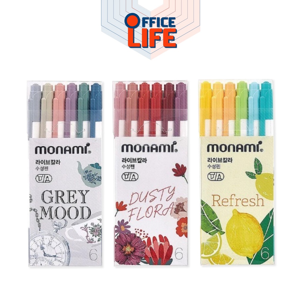Monami (โมนามิ) ปากกาสีน้ำ ปากกาเมจิก 2 หัว รุ่น Live Color Pastel Collection ( 1 เซ็ท / 6 สี )