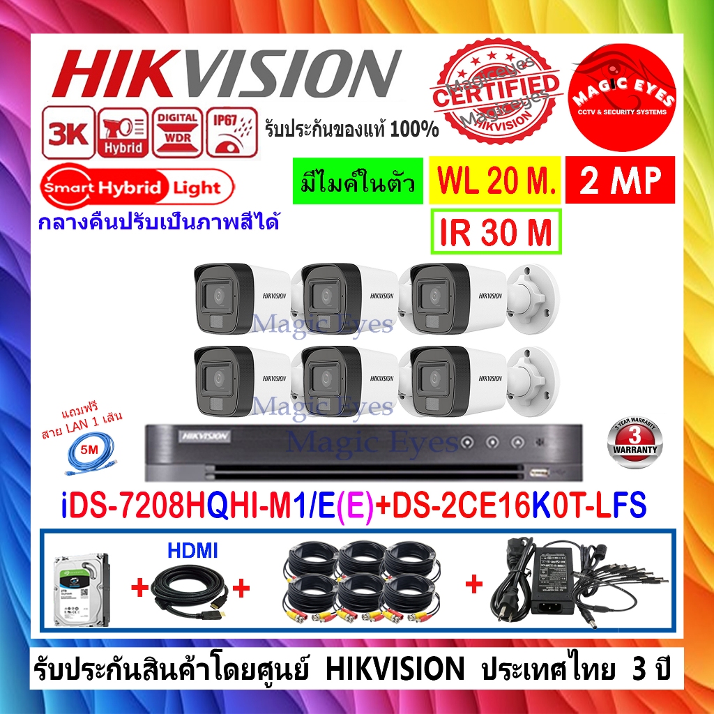 Hikvision กล้องวงจรปิด  3K รุ่น DS-2CE16K0T-LFS 3.6//2.8 (6)+DVR iDS-7208HUHI-M1/E(E)(1) +ชุดFUSET 1